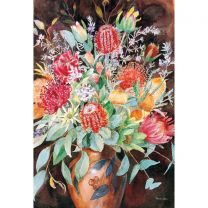 Proteas In Red Vase by Peggy Shaw